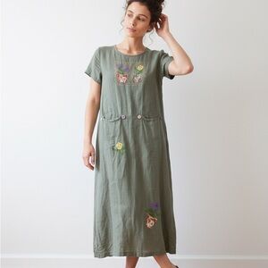 Isabelle LA  80’s Cottagecore Lagenlook Sage Linen Tunic Floral Boho Artsy Dress